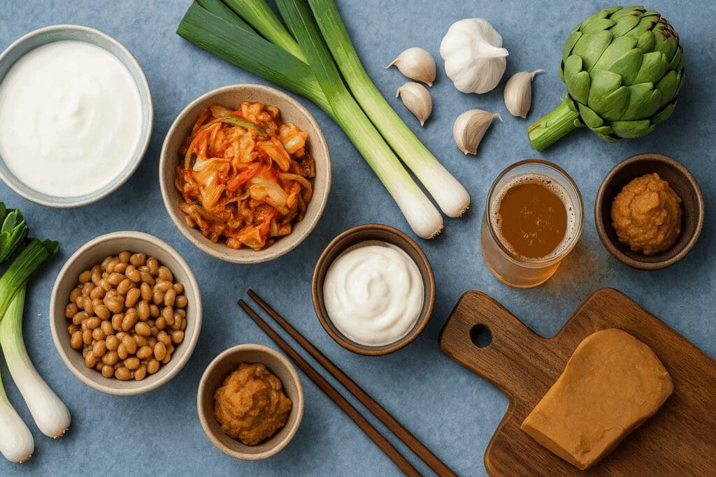 Fermented probiotic foods like kimchi, natto, kefir, yogurt, and miso arranged with prebiotic vegetables as natural alternatives to probiotic tablets