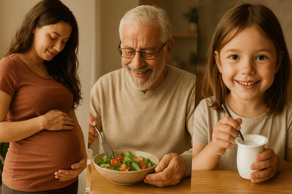 Pregnant woman, older man eating salad, and young girl with yogurt—diverse life stages benefiting from probiotic tablets.