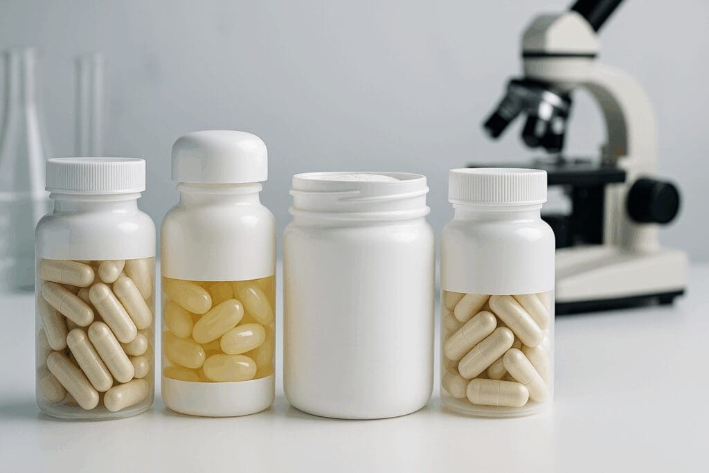 Four bottles of probiotic tablets in capsule, softgel, and powder form arranged on a lab bench with microscope in background