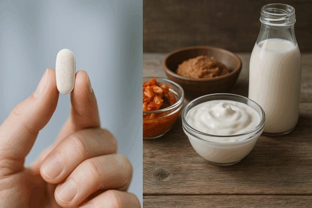 Hand holding probiotic tablet beside rustic display of probiotic-rich foods like kimchi, yogurt, kefir, and miso on wooden table