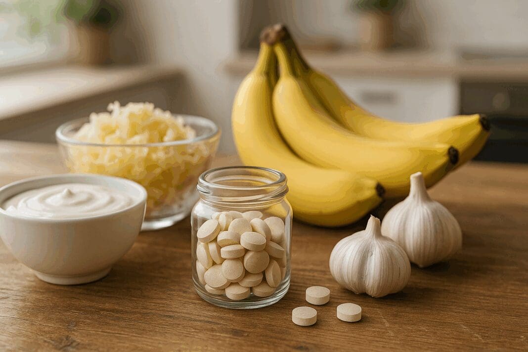 Glass jar filled with probiotic tablets surrounded by yogurt, sauerkraut, bananas, and garlic on a rustic wooden table in natural light