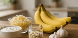 Glass jar filled with probiotic tablets surrounded by yogurt, sauerkraut, bananas, and garlic on a rustic wooden table in natural light