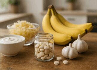 Glass jar filled with probiotic tablets surrounded by yogurt, sauerkraut, bananas, and garlic on a rustic wooden table in natural light