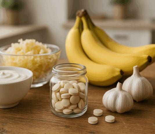 Glass jar filled with probiotic tablets surrounded by yogurt, sauerkraut, bananas, and garlic on a rustic wooden table in natural light