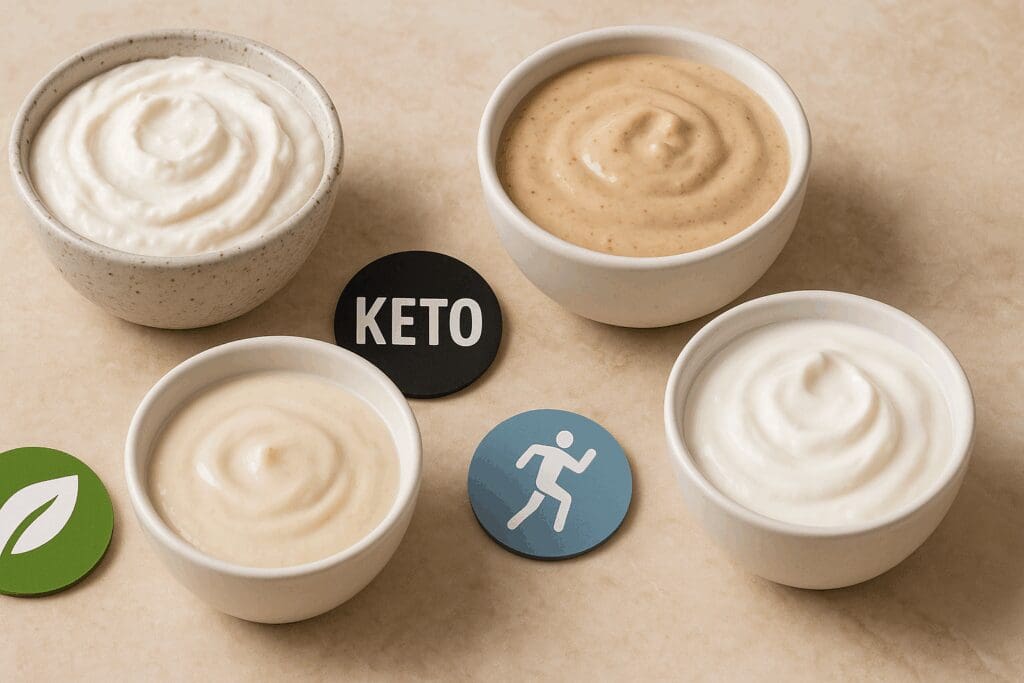 Assorted yogurt options including Greek, almond, soy, and coconut varieties in bowls on a marble counter, illustrating a customizable yogurt diet.