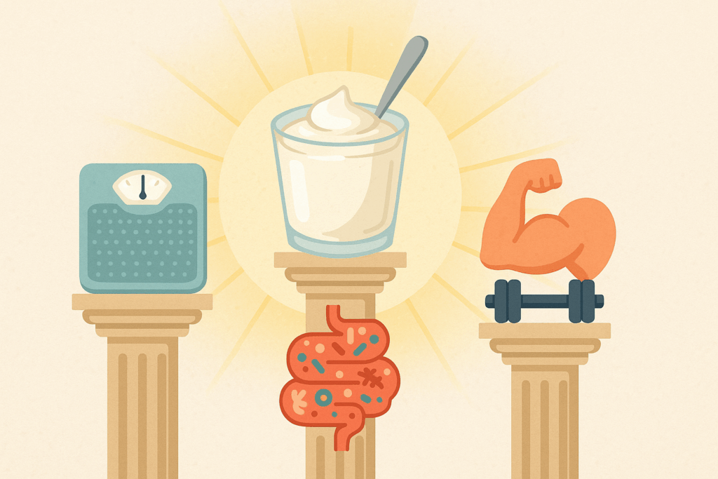 Conceptual illustration of the yogurt diet as a central pillar supporting weight loss, gut health, and muscle strength
