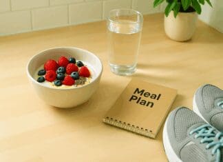 Healthy breakfast table with Greek yogurt topped with berries, chia seeds, and honey, representing a balanced yogurt diet.