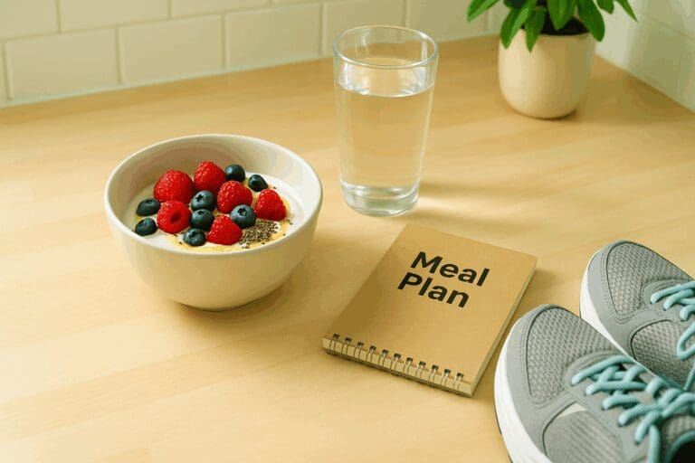 Healthy breakfast table with Greek yogurt topped with berries, chia seeds, and honey, representing a balanced yogurt diet.