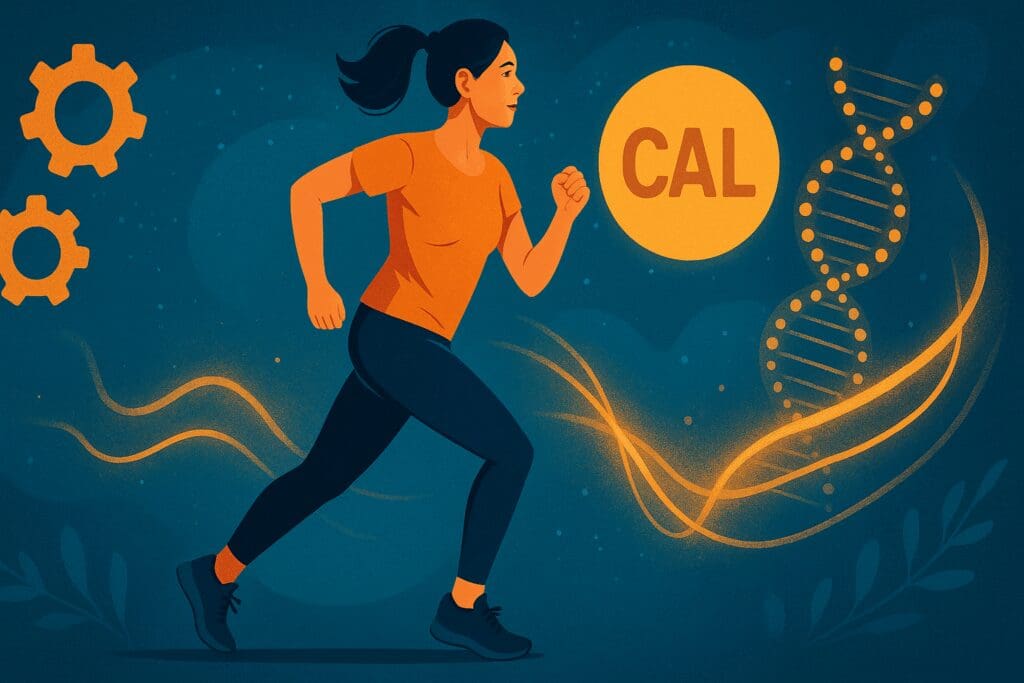 Woman jogging with glowing gears, calorie icons, and DNA strands symbolizing metabolism and the effects of vitamins for over 40