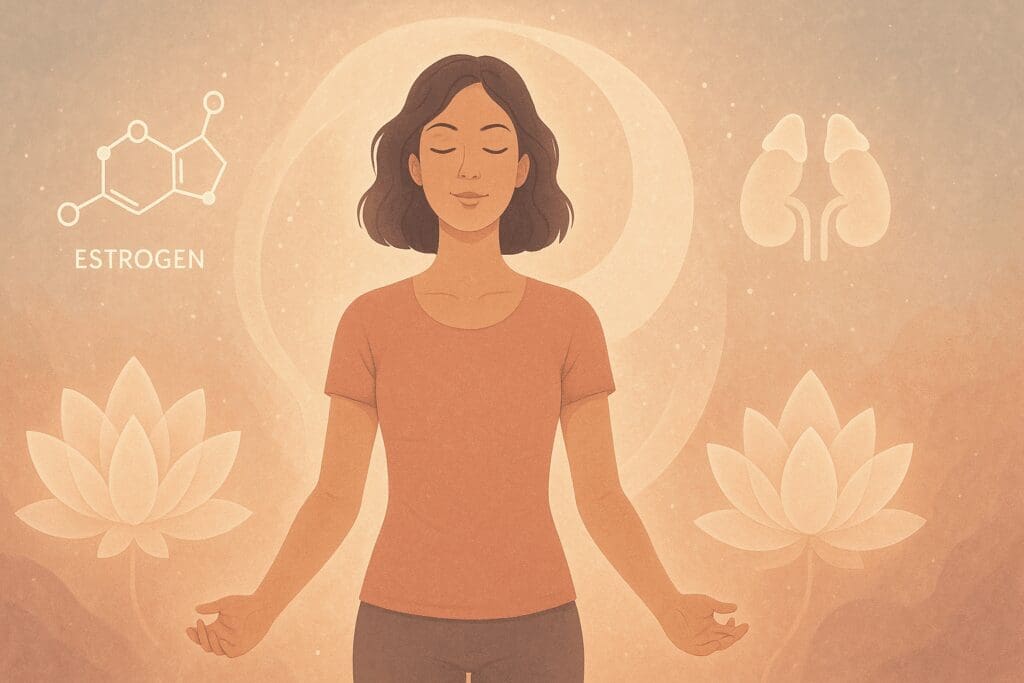 Woman meditating in a peaceful pose surrounded by lotus flowers, yin-yang energy, and glowing hormonal symbols, symbolizing balance from vitamins for over 40.