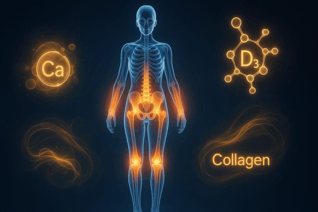 Medical illustration of a healthy female skeleton with glowing joints and nutrients symbolizing vitamins for over 40
