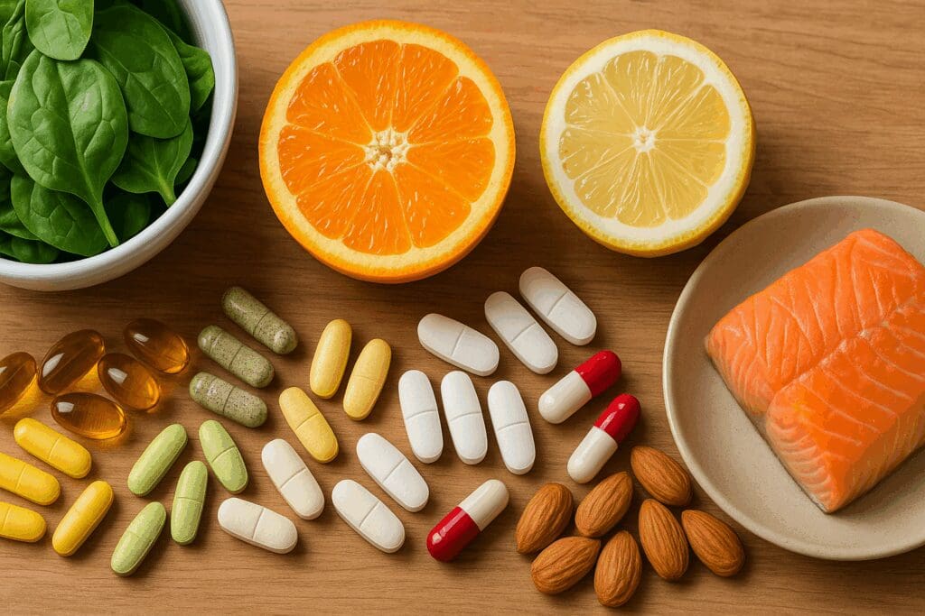 Flat lay of vitamins for over 40 including colorful capsules, leafy greens, citrus fruits, salmon, and almonds on a wooden table