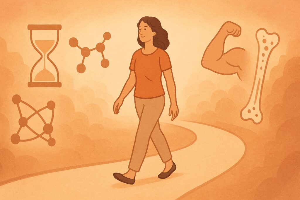 Middle-aged woman walking along a path surrounded by symbols of aging like hourglasses and bones, illustrating nutritional changes and the need for vitamins for over 40