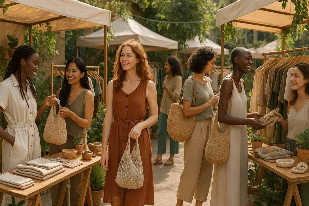 Diverse women shopping at an outdoor eco-market, browsing fair trade apparel made from natural fibers like organic cotton and hemp