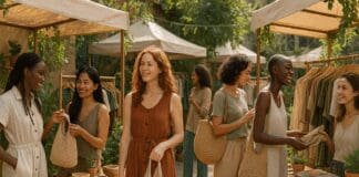 The Ultimate Guide to Fair Trade Apparel: A Powerful Shift Toward Sustainable Fashion Diverse women shopping at an outdoor eco-market, browsing fair trade apparel made from natural fibers like organic cotton and hemp