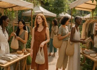 Diverse women shopping at an outdoor eco-market, browsing fair trade apparel made from natural fibers like organic cotton and hemp
