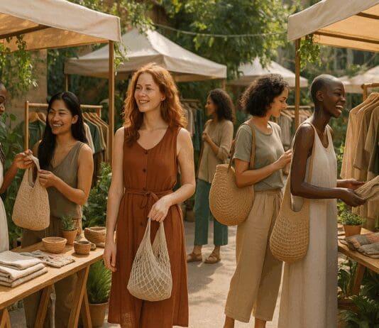 Diverse women shopping at an outdoor eco-market, browsing fair trade apparel made from natural fibers like organic cotton and hemp