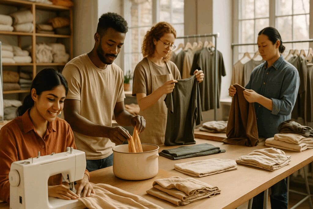 Diverse garment workers crafting fair trade apparel in a clean, sunlit textile workshop with sewing, dyeing, and quality checks.