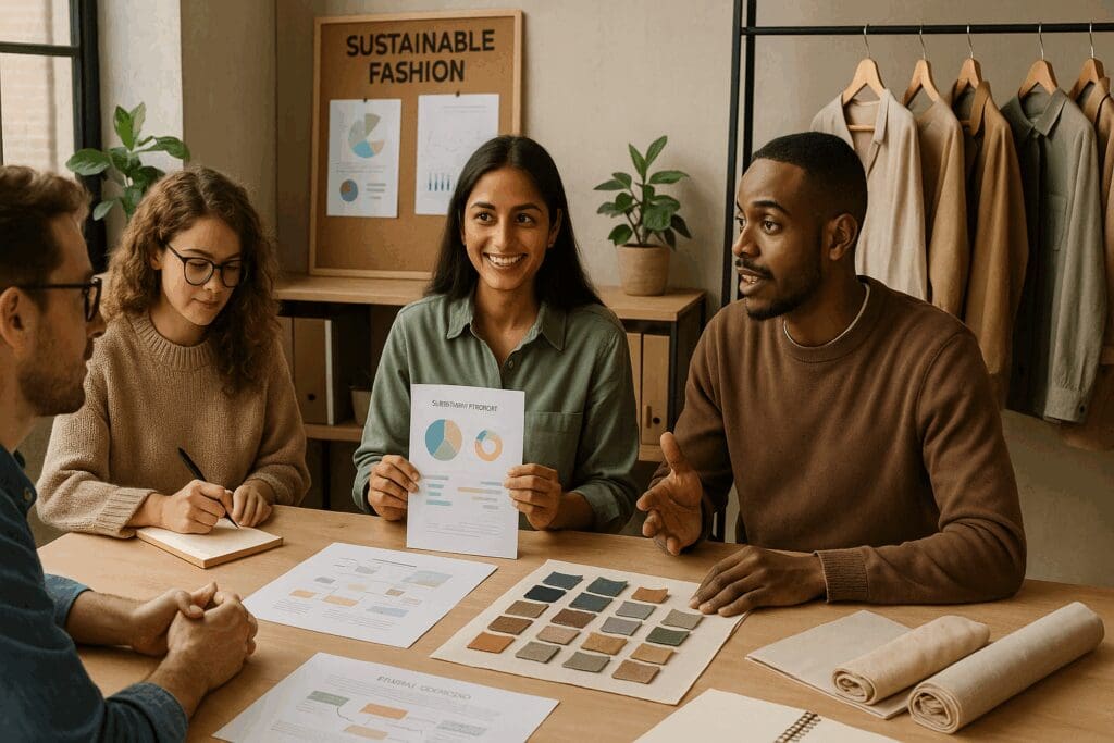 Diverse team in a sustainable fashion office reviewing fabric swatches and ethical sourcing charts for a fair trade apparel brand.