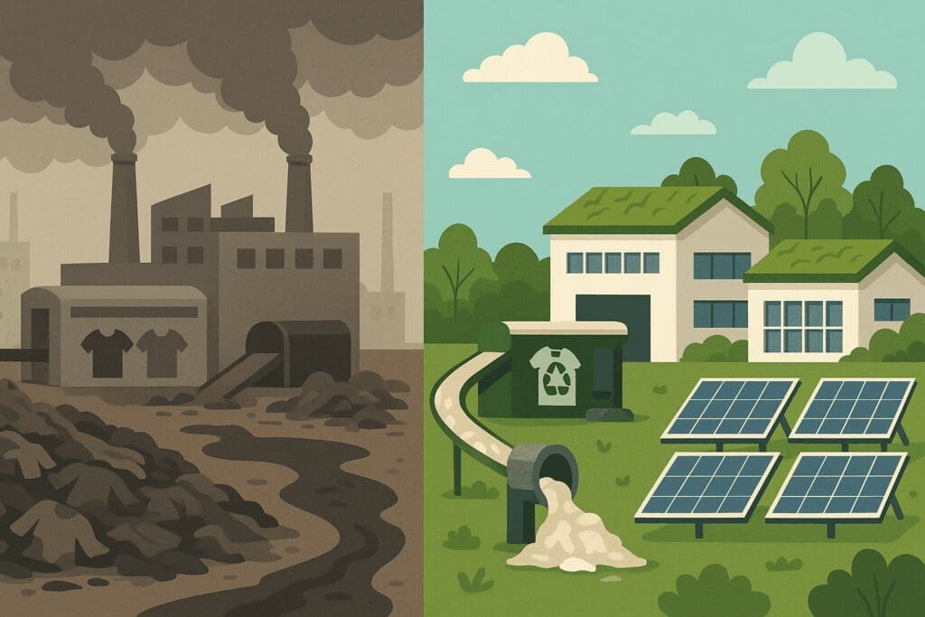 Split-screen showing polluted fast fashion factories beside eco-friendly fair trade apparel production with solar panels and green roofs