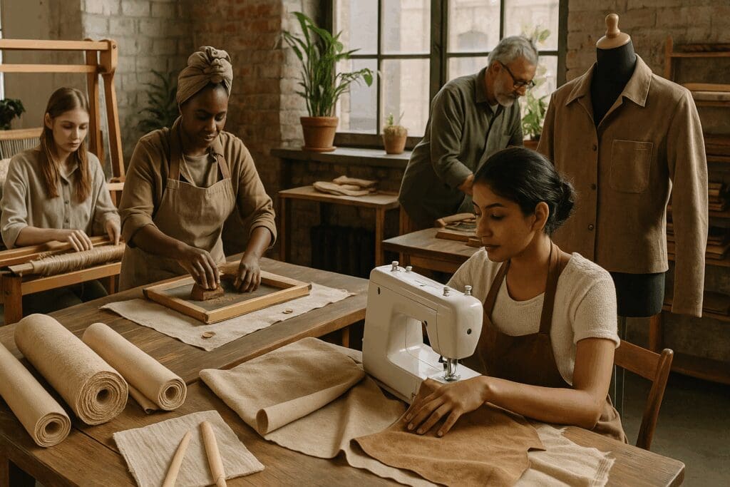 Artisans crafting fair trade apparel in a sunlit workshop using organic textiles like bamboo fiber and mushroom leather
