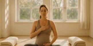 The Ultimate Guide to Safe and Effective Pregnant Yoga Classes for Expecting Moms Expecting mother meditating in a sunlit studio during pregnant yoga classes, surrounded by bolsters and blankets.