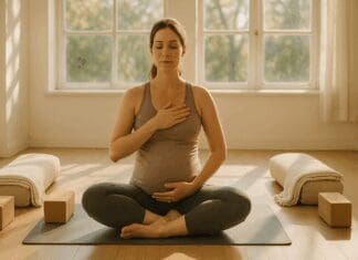 Expecting mother meditating in a sunlit studio during pregnant yoga classes, surrounded by bolsters and blankets.