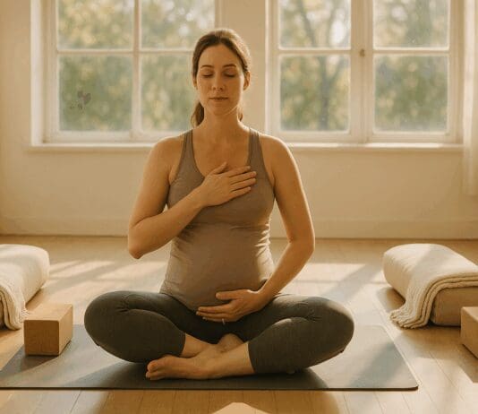 Expecting mother meditating in a sunlit studio during pregnant yoga classes, surrounded by bolsters and blankets.