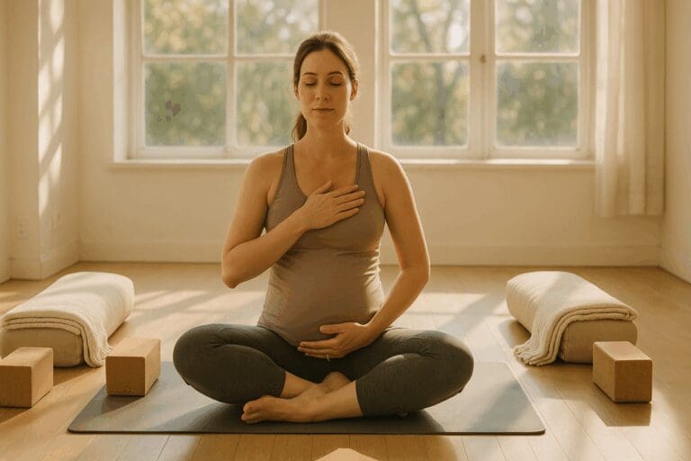 Expecting mother meditating in a sunlit studio during pregnant yoga classes, surrounded by bolsters and blankets.