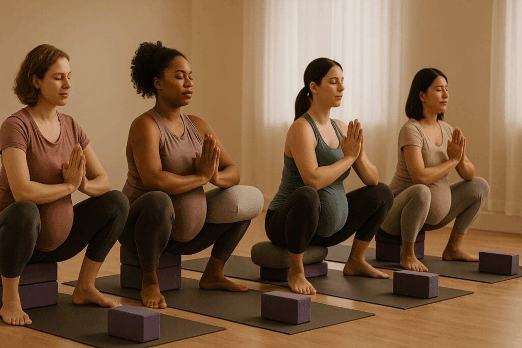 Pregnant women in a serene yoga studio practicing supported squats during pregnant yoga classes using blocks and bolsters.