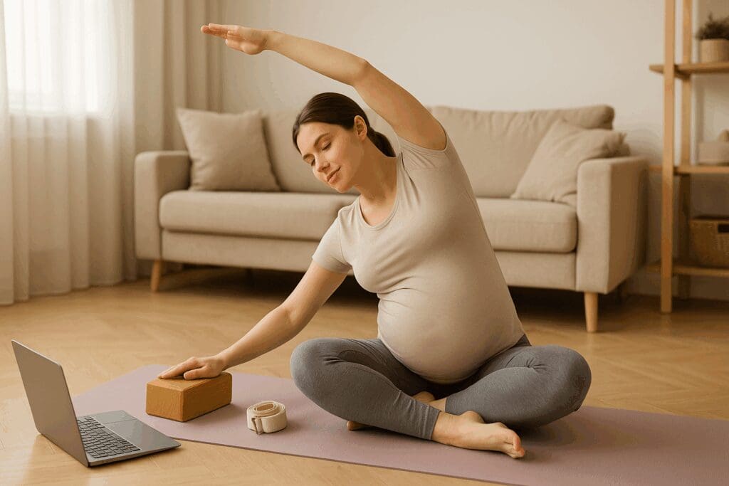 Pregnant woman practicing yoga on a mat at home while following online pregnant yoga classes on her laptop.