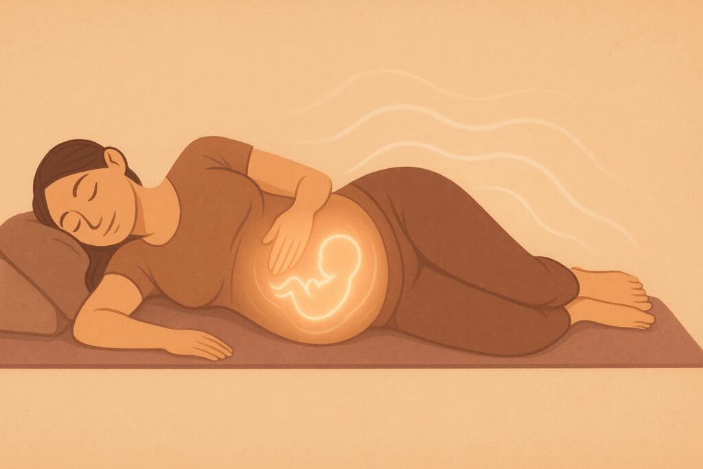 Pregnant woman resting in a supported side-lying yoga pose, symbolizing calm fetal bonding during pregnant yoga classes