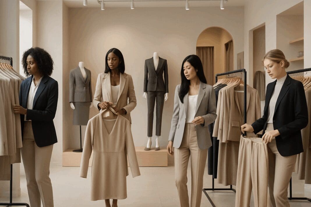 Diverse professional women browsing neutral-toned blazers and trousers in a boutique, representing the best stores for work clothes