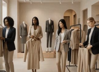 Diverse professional women browsing neutral-toned blazers and trousers in a boutique, representing the best stores for work clothes