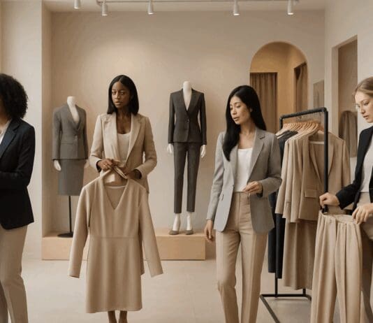 Diverse professional women browsing neutral-toned blazers and trousers in a boutique, representing the best stores for work clothes