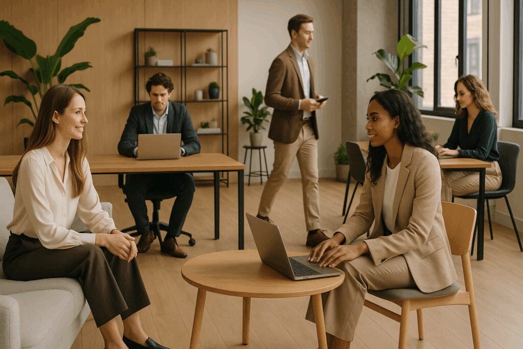 Professionals in elevated business casual attire collaborating in a modern office, reflecting styles from the best stores for work clothes.