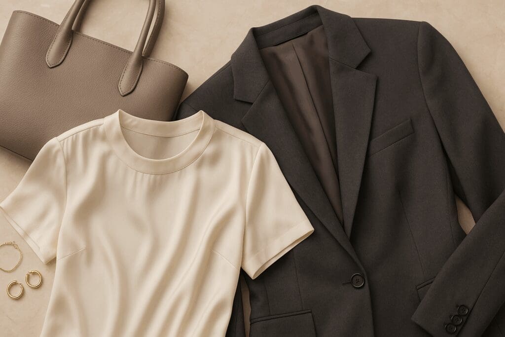 Flat-lay of luxury office wear including a silk blouse, blazer, and tote bag from the best stores for work clothes
