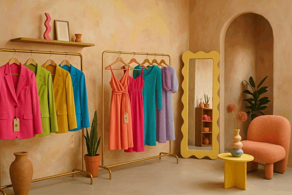 Colorful boutique interior with eco-friendly hangtags and unique tailored outfits, representing the best stores for work clothes.