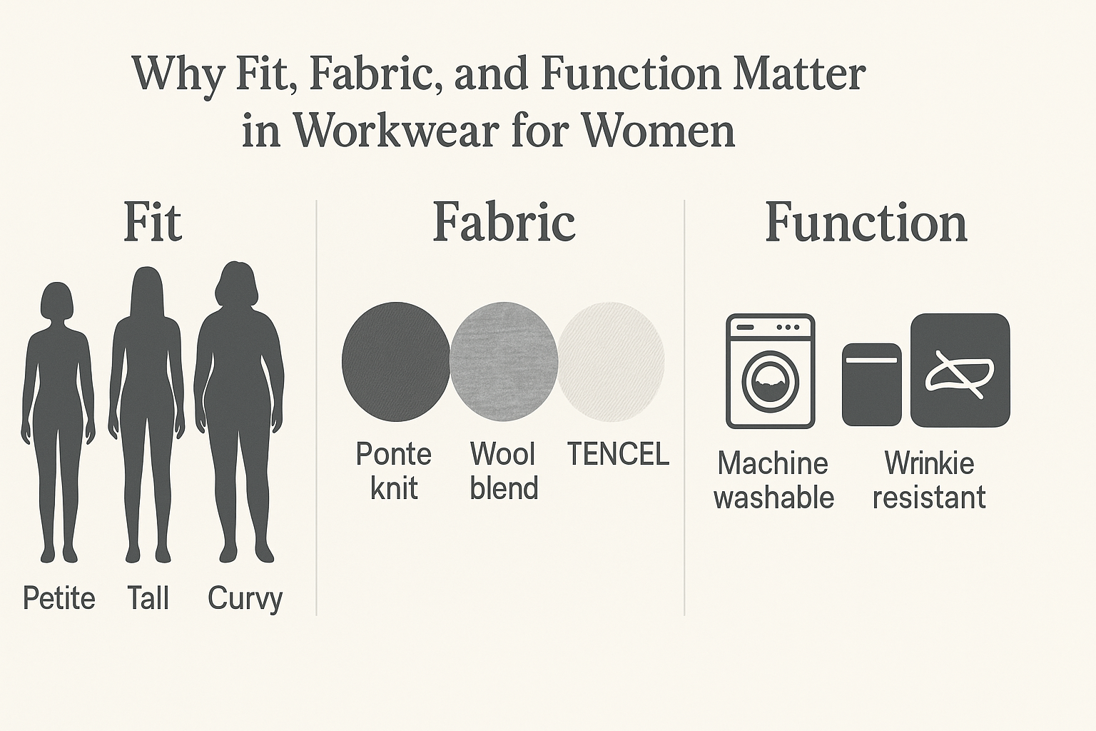 Visual diagram comparing fit, fabric, and function essentials in women’s officewear, supporting choices at the best stores for work clothes.