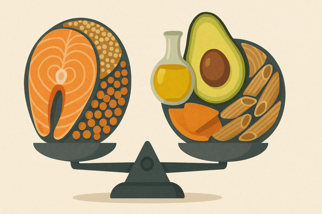 Balanced scale with salmon, lentils, quinoa, avocado, olive oil, and pasta illustrating how to boost metabolism after 40 through macronutrient-rich foods.