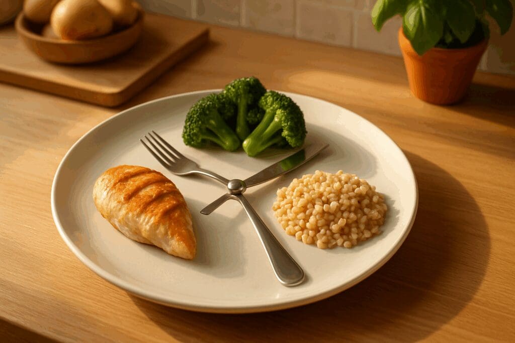 Plate arranged like a clock with grilled chicken, broccoli, and whole grains showing how to boost metabolism after 40 through strategic meal timing.