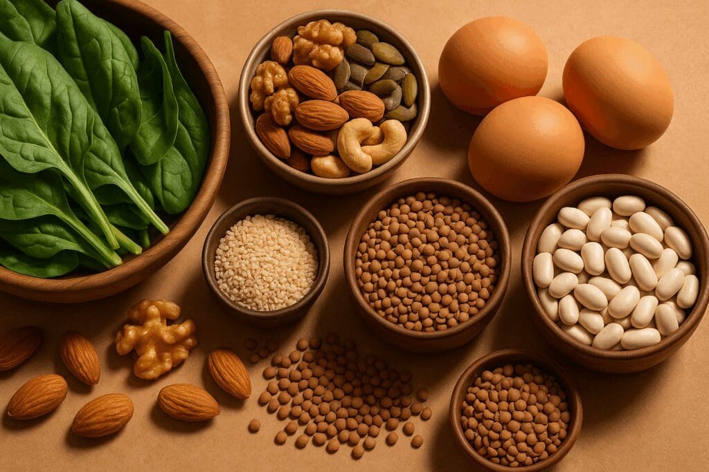Fresh spinach, nuts, seeds, eggs, and legumes arranged on a warm-toned surface, showing natural foods for how to boost metabolism after 40
