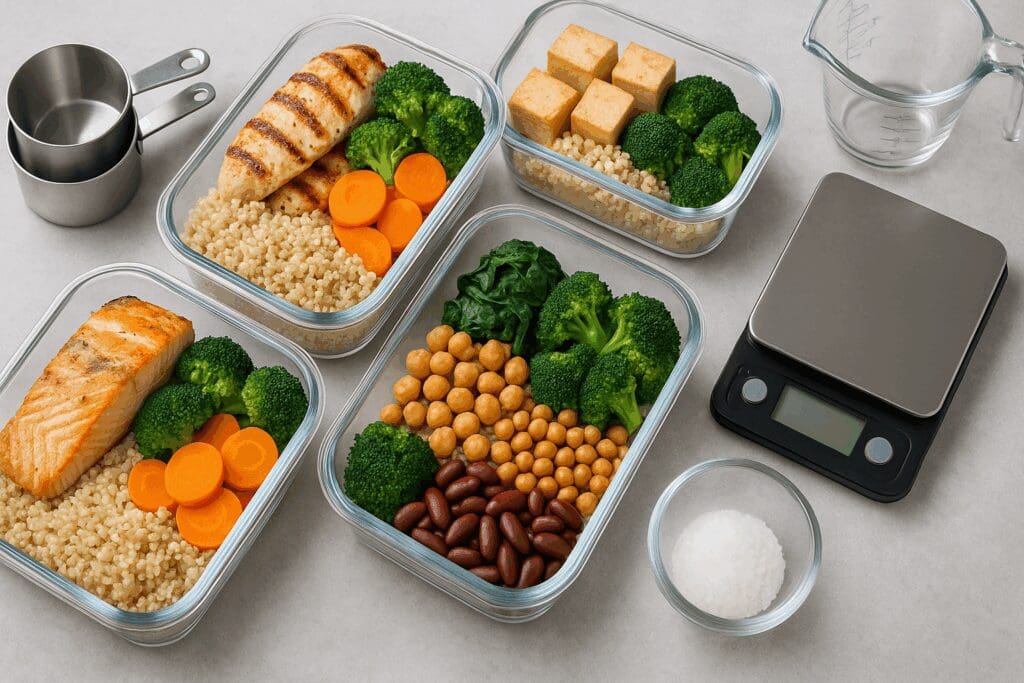 Portioned meal prep containers with grilled chicken, tofu, fish, quinoa, legumes, and vegetables, illustrating how to boost metabolism after 40.