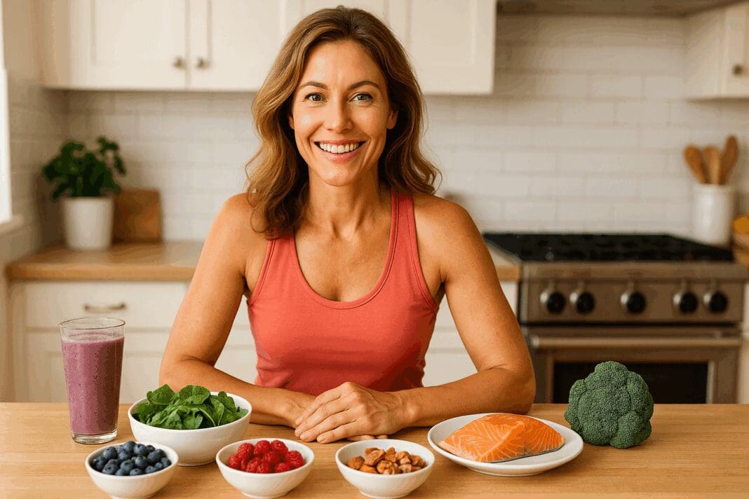 Healthy woman in her 40s smiling in a bright kitchen with salmon, berries, greens, and a smoothie, showing how to boost metabolism after 40.
