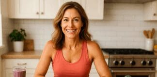 The Ultimate Nutritional Guide for Women: How to Boost Metabolism After 40 Safely and Effectively Healthy woman in her 40s smiling in a bright kitchen with salmon, berries, greens, and a smoothie, showing how to boost metabolism after 40.