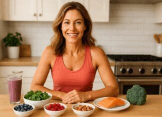 The Ultimate Nutritional Guide for Women: How to Boost Metabolism After 40 Safely and Effectively Healthy woman in her 40s smiling in a bright kitchen with salmon, berries, greens, and a smoothie, showing how to boost metabolism after 40.