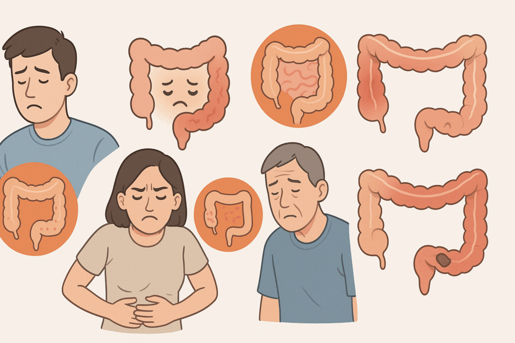 Infographic showing healthy, inflamed, and obstructed colons with visual cues for bloating and fatigue, addressing what is the primary function of the large intestine