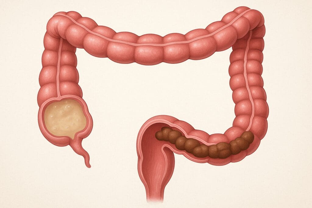 Anatomical cross-section showing what is the primary function of the large intestine as it forms and stores feces from liquid to solid through the colon