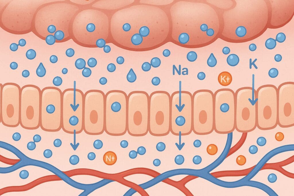 Cross-section of the colon lining showing water and electrolytes being absorbed into blood vessels, illustrating what is the primary function of the large intestine