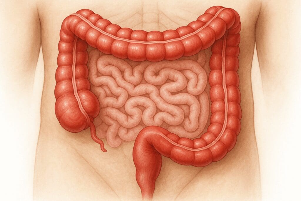 Detailed anatomical cross-section showing large intestine segments for visual aid in understanding what is the primary function of the large intestine
